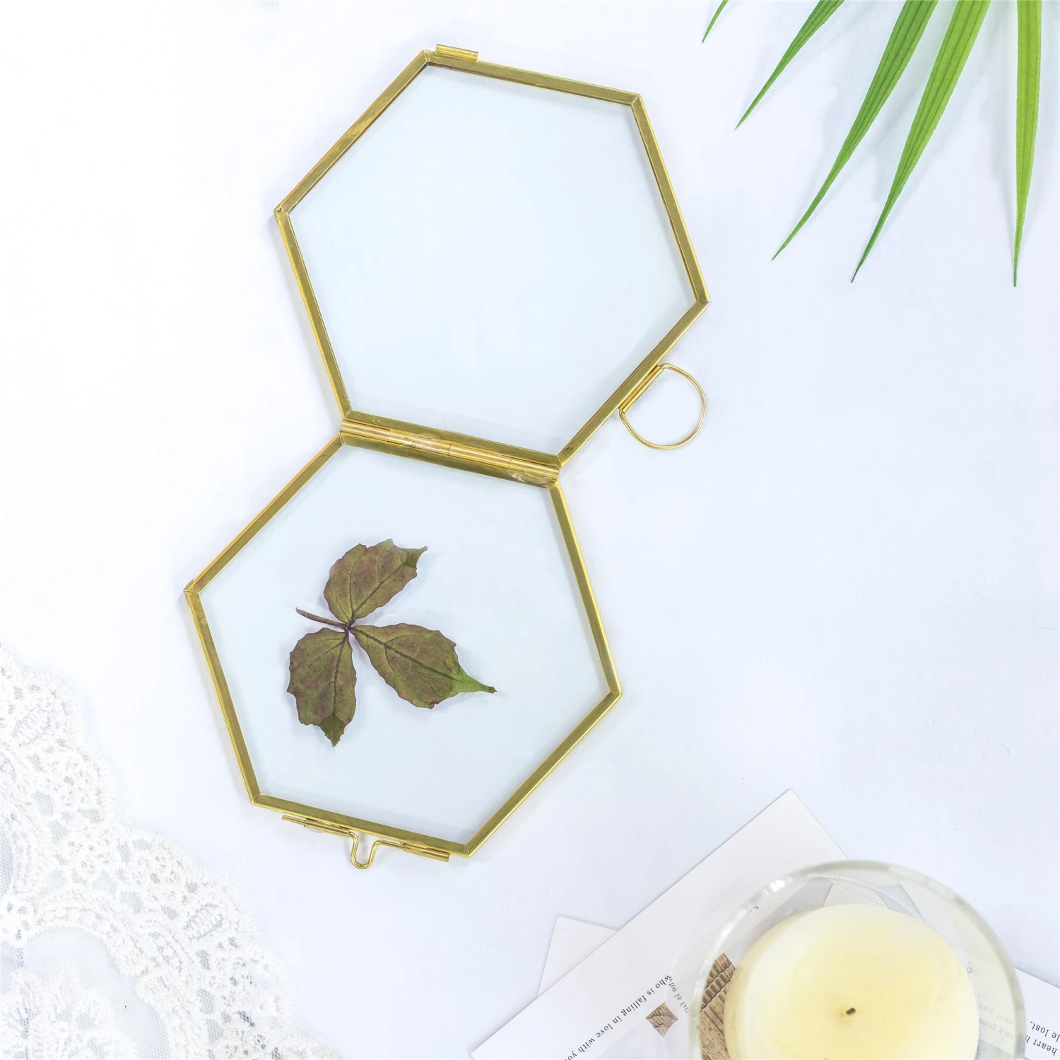 Handmade Vintage Brass Floating Hanging Glass Hexagon Picture Photo Frame Small Side Length 2" 10 Handmade Vintage Brass Floating Hanging Glass Hexagon Picture Photo Frame Small Side Length 2" - Image 10