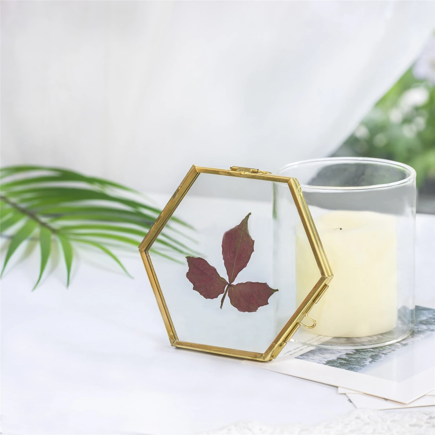 Handmade Vintage Brass Floating Hanging Glass Hexagon Picture Photo Frame Small Side Length 2" 8 Handmade Vintage Brass Floating Hanging Glass Hexagon Picture Photo Frame Small Side Length 2" - Image 8