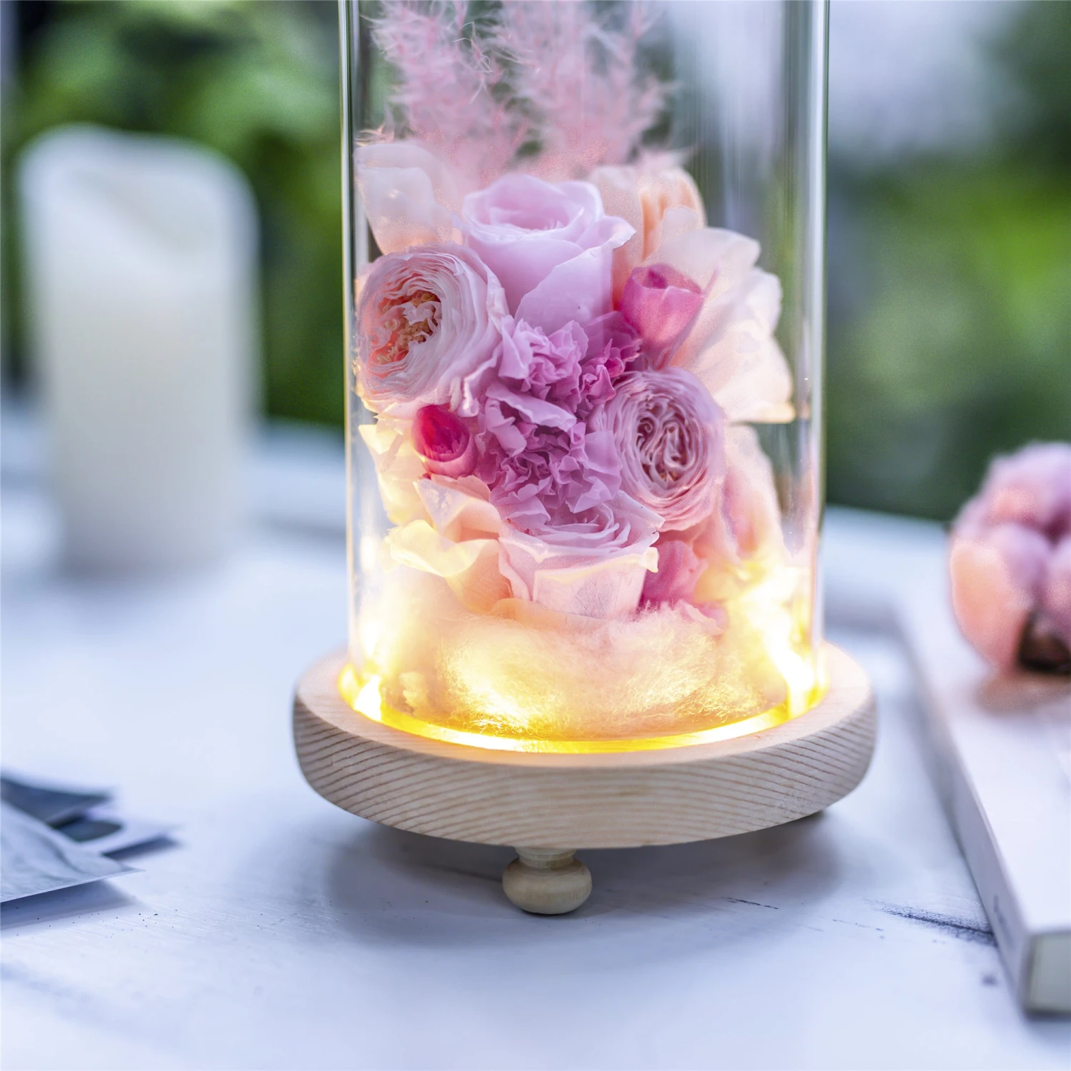 Glass Dome With LED Light Wood Base Cloche Bell For Rose Model Figurine Flowers Centerpiece 2 Glass Dome With LED Light Wood Base Cloche Bell For Rose Model Figurine Flowers Centerpiece - Image 2