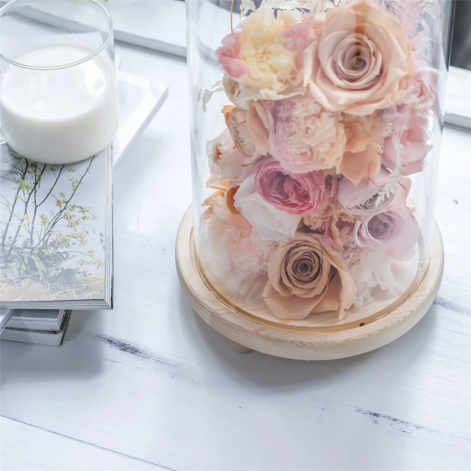 Handmade Glass Dome With LED Light Wood Base Cloche Bell Round For Rose Model Figurine Flowers 3 Handmade Glass Dome With LED Light Wood Base Cloche Bell Round For Rose Model Figurine Flowers - Image 3