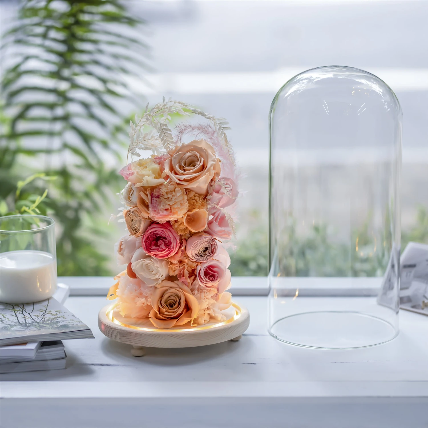 Handmade Glass Dome With LED Light Wood Base Cloche Bell Round For Rose Model Figurine Flowers 5 Handmade Glass Dome With LED Light Wood Base Cloche Bell Round For Rose Model Figurine Flowers - Image 5