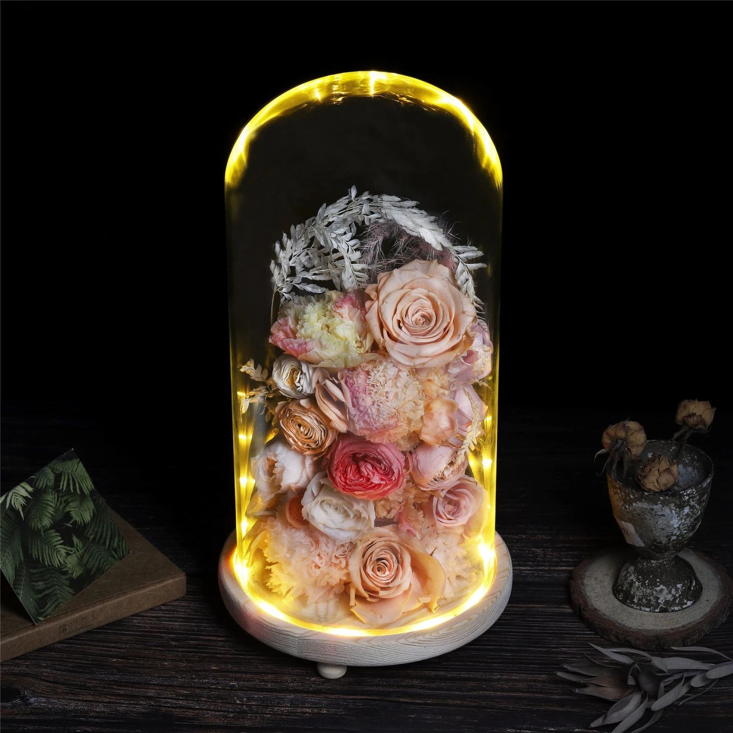 Handmade Glass Dome With LED Light Wood Base Cloche Bell Round For Rose Model Figurine Flowers 2 Handmade Glass Dome With LED Light Wood Base Cloche Bell Round For Rose Model Figurine Flowers - Image 2