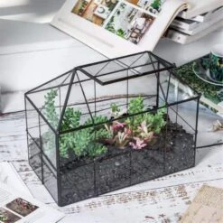 NCYP Glass Geometric Terrarium Tin-Sealed Brass Black House Shape Container With Grid And Swing Lid -Ncyp Garden Sale Shop 20190621003