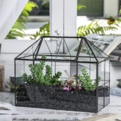 NCYP Glass Geometric Terrarium Tin-Sealed Brass Black House Shape Container With Grid And Swing Lid -Ncyp Garden Sale Shop 20190621003 3
