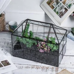 NCYP Glass Geometric Terrarium Tin-Sealed Brass Black House Shape Container With Grid And Swing Lid -Ncyp Garden Sale Shop 20190621003 5