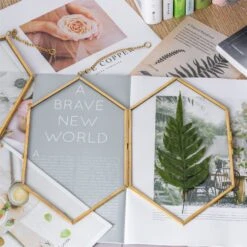 NCYP Vintage Gold Brass Floating Hanging Glass Long Hexagon Photo Frame For Fern, Pressed Flower -Ncyp Garden Sale Shop 20191224001 3