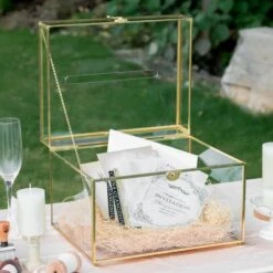 12"Large Gold Foot Rectangle With Slot Geometric Glass Card Box Keepsake Recipe Reception Envelope Holder Display Gift With Swing Lid Latch -Ncyp Garden Sale Shop 20220330001 1