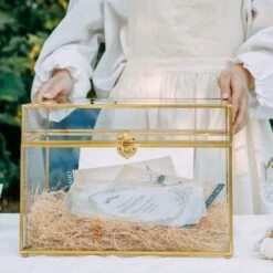 12"Large Gold Foot Rectangle With Slot Geometric Glass Card Box Keepsake Recipe Reception Envelope Holder Display Gift With Swing Lid Latch