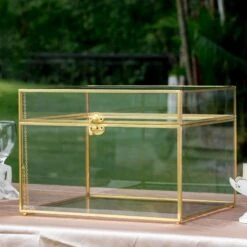 12"Large Gold Foot Rectangle With Slot Geometric Glass Card Box Keepsake Recipe Reception Envelope Holder Display Gift With Swing Lid Latch -Ncyp Garden Sale Shop 20220330001 3