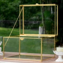 12"Large Gold Foot Rectangle With Slot Geometric Glass Card Box Keepsake Recipe Reception Envelope Holder Display Gift With Swing Lid Latch -Ncyp Garden Sale Shop 20220330001 4