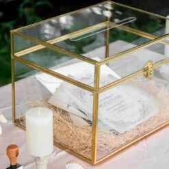 12"Large Gold Foot Rectangle With Slot Geometric Glass Card Box Keepsake Recipe Reception Envelope Holder Display Gift With Swing Lid Latch -Ncyp Garden Sale Shop 20220330001 6
