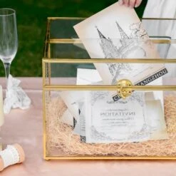 12"Large Gold Foot Rectangle With Slot Geometric Glass Card Box Keepsake Recipe Reception Envelope Holder Display Gift With Swing Lid Latch -Ncyp Garden Sale Shop 20220330001 7