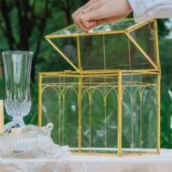 Vintage House Glass Geometric Terrarium Card Box Gold For Wedding, Graduation, Baby Shower -Ncyp Garden Sale Shop 20230329021 4