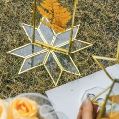 Geometric Gardenia Garden Gold Glass And Brass Wedding Table Number Holder, Pressed Flower Frame -Ncyp Garden Sale Shop 290A0598