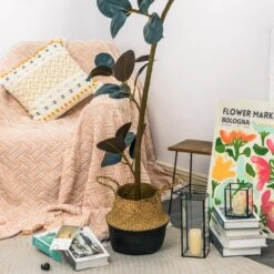 NCYP Artificial Rubber Tree, Rubber Fig, Rubber Bush 5.9FT (70.8 Inches) Tall Faux Plant For Home Office Decor, Indoor Fake Potted Ficus Elastica Tree With Plastic Pot And Rattan Woven Basket -Ncyp Garden Sale Shop 290A0765