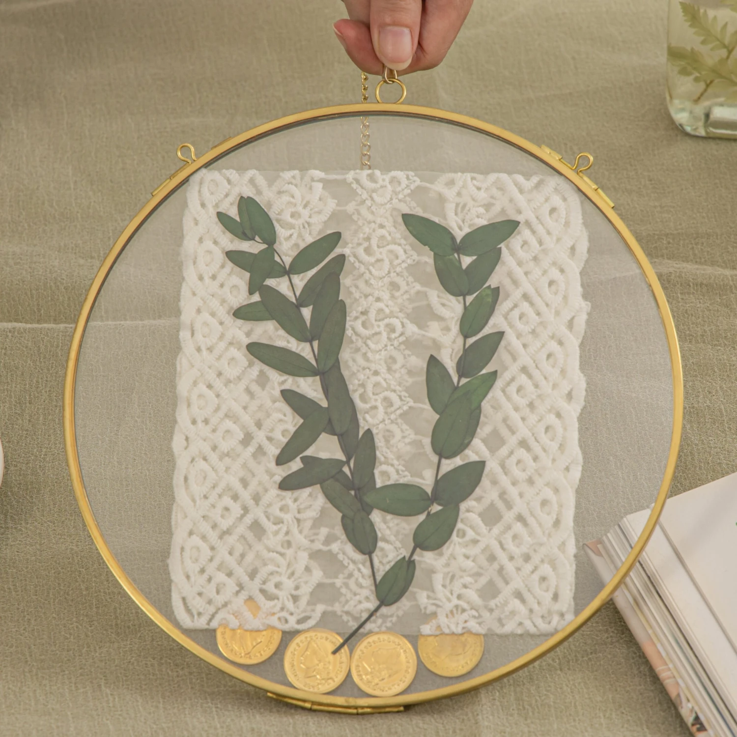 Wall Hanging Round 8" Herbarium Brass Glass Frame For Thick Pressed Flowers, Dried Flowers, Poster, Coin, Double Glass, Floating Frame 13 Wall Hanging Round 8" Herbarium Brass Glass Frame For Thick Pressed Flowers, Dried Flowers, Poster, Coin, Double Glass, Floating Frame - Image 13