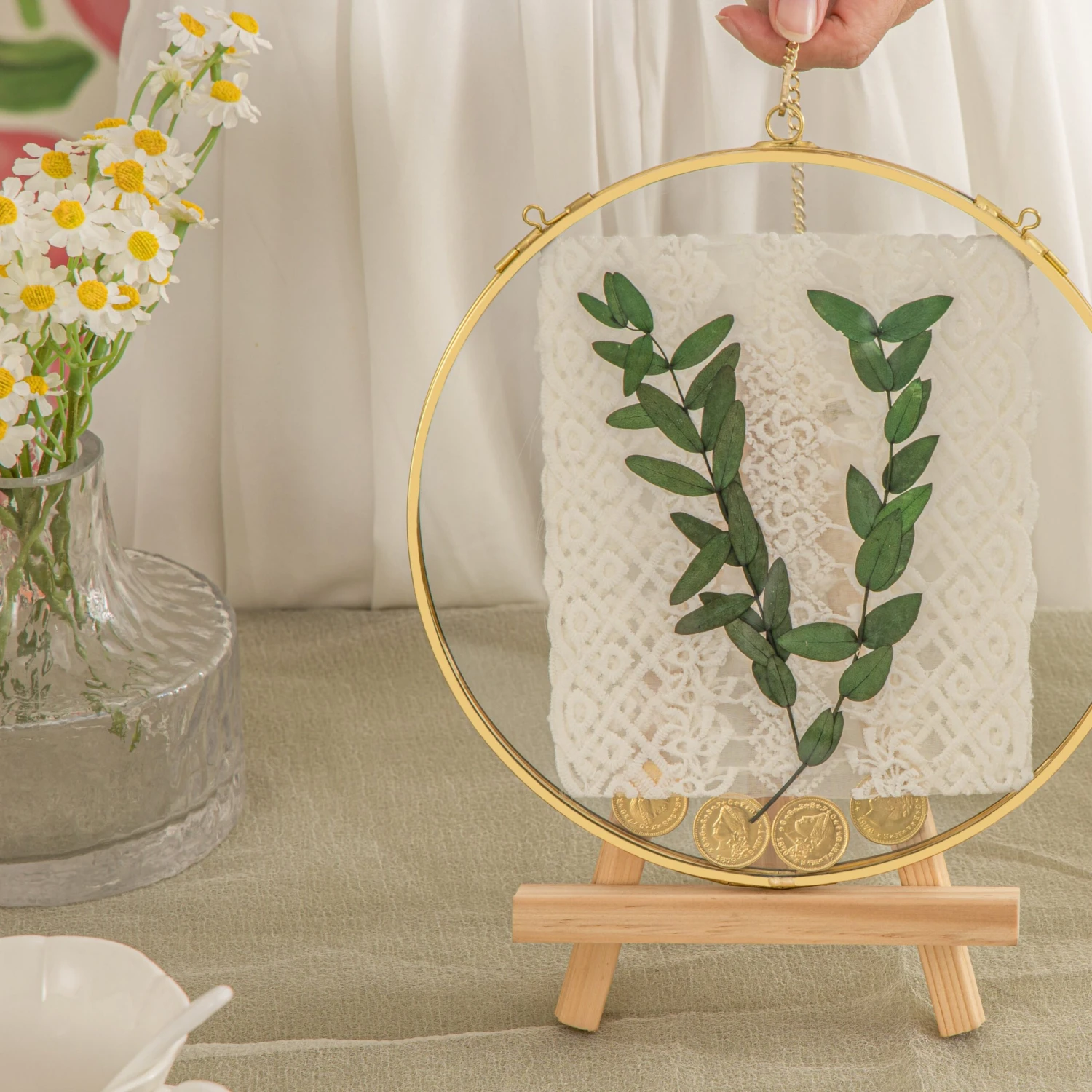 Wall Hanging Round 8" Herbarium Brass Glass Frame For Thick Pressed Flowers, Dried Flowers, Poster, Coin, Double Glass, Floating Frame 3 Wall Hanging Round 8" Herbarium Brass Glass Frame For Thick Pressed Flowers, Dried Flowers, Poster, Coin, Double Glass, Floating Frame - Image 3