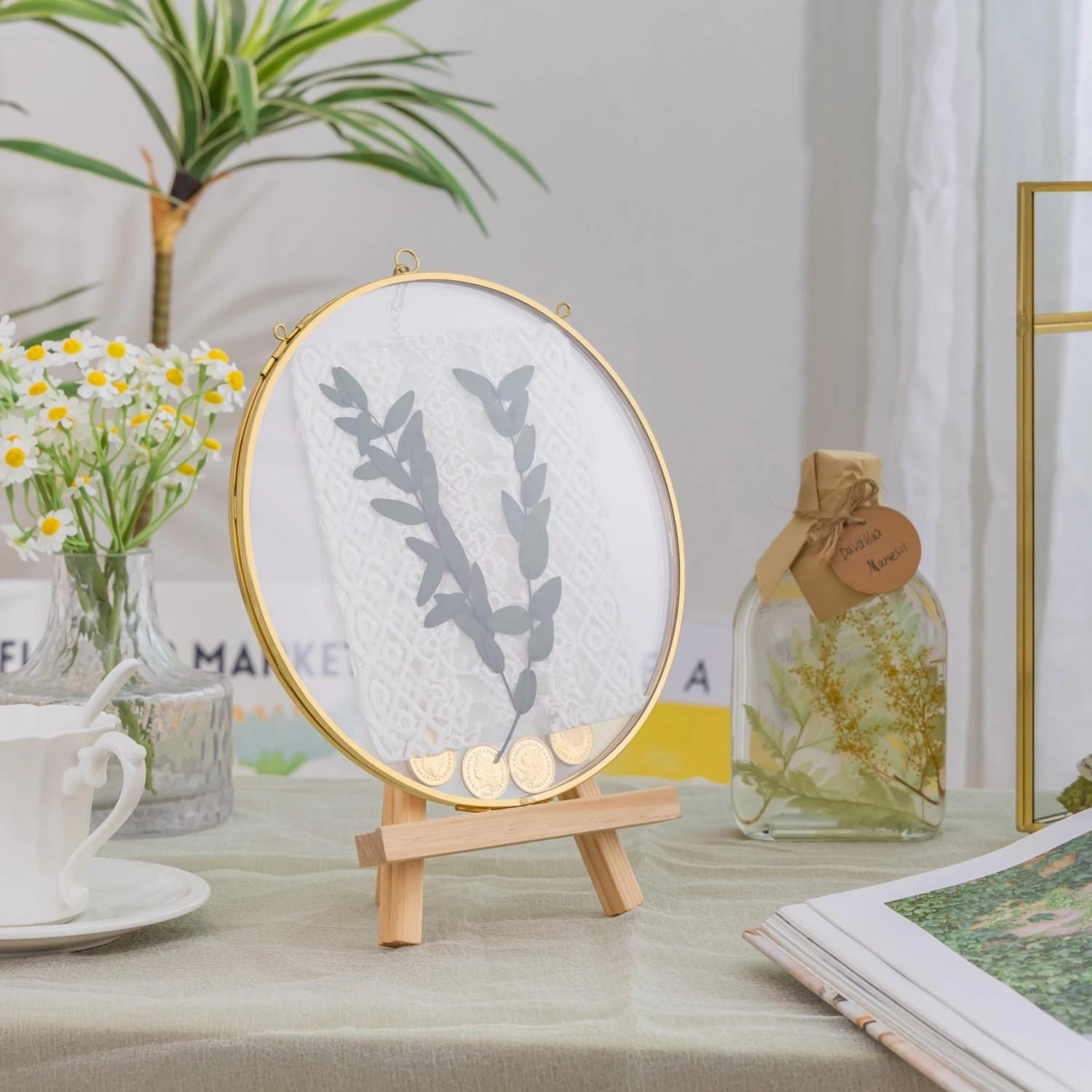 Wall Hanging Round 8" Herbarium Brass Glass Frame For Thick Pressed Flowers, Dried Flowers, Poster, Coin, Double Glass, Floating Frame 18 Wall Hanging Round 8" Herbarium Brass Glass Frame For Thick Pressed Flowers, Dried Flowers, Poster, Coin, Double Glass, Floating Frame - Image 18