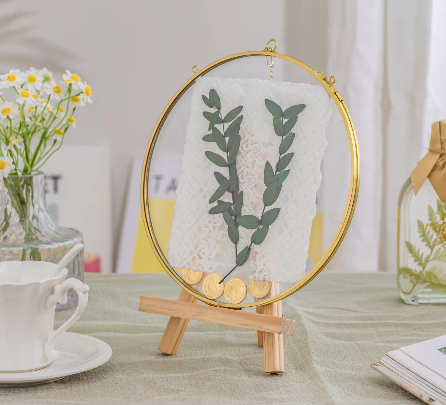 Wall Hanging Round 8" Herbarium Brass Glass Frame For Thick Pressed Flowers, Dried Flowers, Poster, Coin, Double Glass, Floating Frame 16 Wall Hanging Round 8" Herbarium Brass Glass Frame For Thick Pressed Flowers, Dried Flowers, Poster, Coin, Double Glass, Floating Frame - Image 16