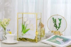 NCYP Glass Cards Box For Wedding Reception - Rectangle Glass Box With Slot And Lock For Money, Envelopes - Birthdays Party Tabletop Decor, 8" X 5.5" X 11.3" Gold, Clear (Card Box Only) -Ncyp Garden Sale Shop 290A2859