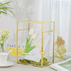 NCYP Glass Cards Box For Wedding Reception - Rectangle Glass Box With Slot And Lock For Money, Envelopes - Birthdays Party Tabletop Decor, 8" X 5.5" X 11.3" Gold, Clear (Card Box Only) -Ncyp Garden Sale Shop 290A2865