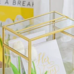 NCYP Glass Cards Box For Wedding Reception - Rectangle Glass Box With Slot And Lock For Money, Envelopes - Birthdays Party Tabletop Decor, 8" X 5.5" X 11.3" Gold, Clear (Card Box Only) -Ncyp Garden Sale Shop 290A2871