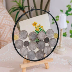 NCYP Glass Coin Organizer Holder For Morgan Silver Dollar Coin - Wall Hanging Display Frame - Round 8" Glass Floating Herbarium For Dried Flowers - Home Decor, Black