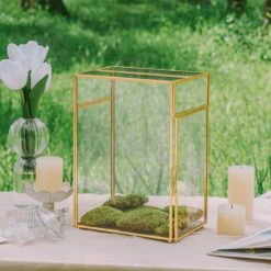 NCYP Glass Cards Box For Wedding Reception - Rectangle Glass Box With Slot And Lock For Money, Envelopes - Birthdays Party Tabletop Decor, 8" X 5.5" X 11.3" Gold, Clear (Card Box Only) -Ncyp Garden Sale Shop 290A3306