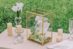 NCYP Glass Cards Box For Wedding Reception - Rectangle Glass Box With Slot And Lock For Money, Envelopes - Birthdays Party Tabletop Decor, 8" X 5.5" X 11.3" Gold, Clear (Card Box Only) -Ncyp Garden Sale Shop 290A3337