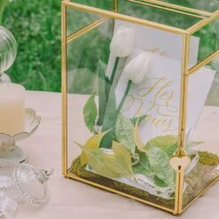 NCYP Glass Cards Box For Wedding Reception - Rectangle Glass Box With Slot And Lock For Money, Envelopes - Birthdays Party Tabletop Decor, 8" X 5.5" X 11.3" Gold, Clear (Card Box Only) -Ncyp Garden Sale Shop 290A3340