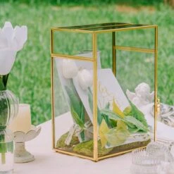 NCYP Glass Cards Box For Wedding Reception - Rectangle Glass Box With Slot And Lock For Money, Envelopes - Birthdays Party Tabletop Decor, 8" X 5.5" X 11.3" Gold, Clear (Card Box Only) -Ncyp Garden Sale Shop 290A3347