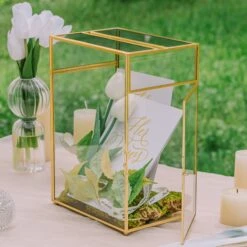 NCYP Glass Cards Box For Wedding Reception - Rectangle Glass Box With Slot And Lock For Money, Envelopes - Birthdays Party Tabletop Decor, 8" X 5.5" X 11.3" Gold, Clear (Card Box Only) -Ncyp Garden Sale Shop 290A3348