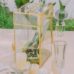 NCYP Glass Cards Box For Wedding Reception - Rectangle Glass Box With Slot And Lock For Money, Envelopes - Birthdays Party Tabletop Decor, 8" X 5.5" X 11.3" Gold, Clear (Card Box Only) -Ncyp Garden Sale Shop 290A3386