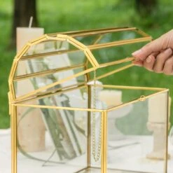 NCYP Wedding Card Box With Slot And Lock - 10.2x5.5x8.4 Inches - Gold Glass Envelope Box For Birthday Party Reception - Vintage, Arch-design, Centerpiece Decoration -Ncyp Garden Sale Shop 290A4427