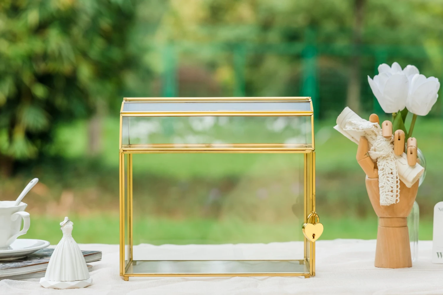 Nostalgic Cottage Barn Shape Gold Geometric Brass And Glass Card Box Terrarium With Slot, Heart Lock, Foot, Handmade For Wedding Reception 4 Nostalgic Cottage Barn Shape Gold Geometric Brass And Glass Card Box Terrarium With Slot, Heart Lock, Foot, Handmade For Wedding Reception - Image 4