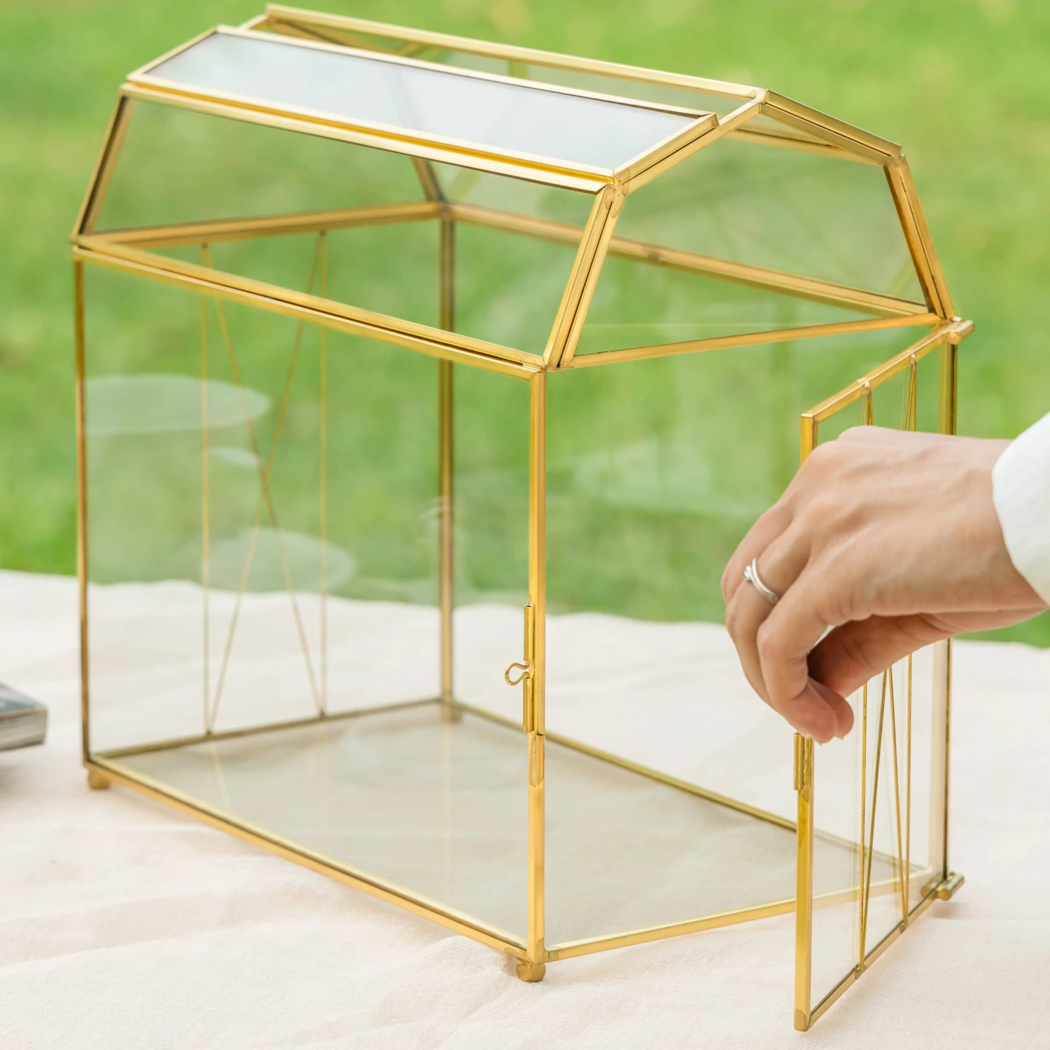 Nostalgic Cottage Barn Shape Gold Geometric Brass And Glass Card Box Terrarium With Slot, Heart Lock, Foot, Handmade For Wedding Reception 6 Nostalgic Cottage Barn Shape Gold Geometric Brass And Glass Card Box Terrarium With Slot, Heart Lock, Foot, Handmade For Wedding Reception - Image 6
