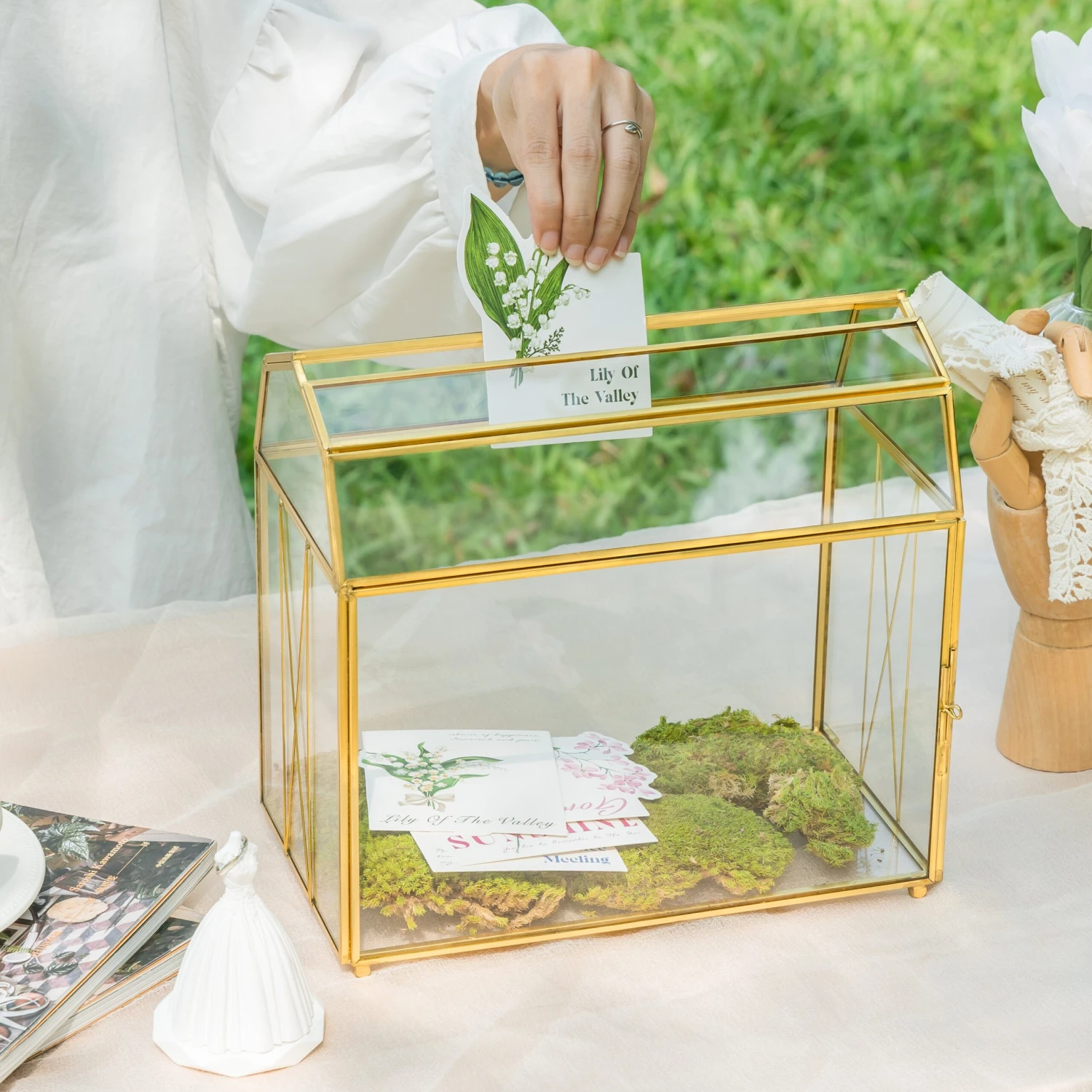 Nostalgic Cottage Barn Shape Gold Geometric Brass And Glass Card Box Terrarium With Slot, Heart Lock, Foot, Handmade For Wedding Reception 2 Nostalgic Cottage Barn Shape Gold Geometric Brass And Glass Card Box Terrarium With Slot, Heart Lock, Foot, Handmade For Wedding Reception - Image 2