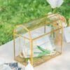 Nostalgic Cottage Barn Shape Gold Geometric Brass And Glass Card Box Terrarium With Slot, Heart Lock, Foot, Handmade For Wedding Reception