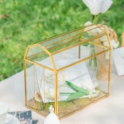 Nostalgic Cottage Barn Shape Gold Geometric Brass And Glass Card Box Terrarium With Slot, Heart Lock, Foot, Handmade For Wedding Reception