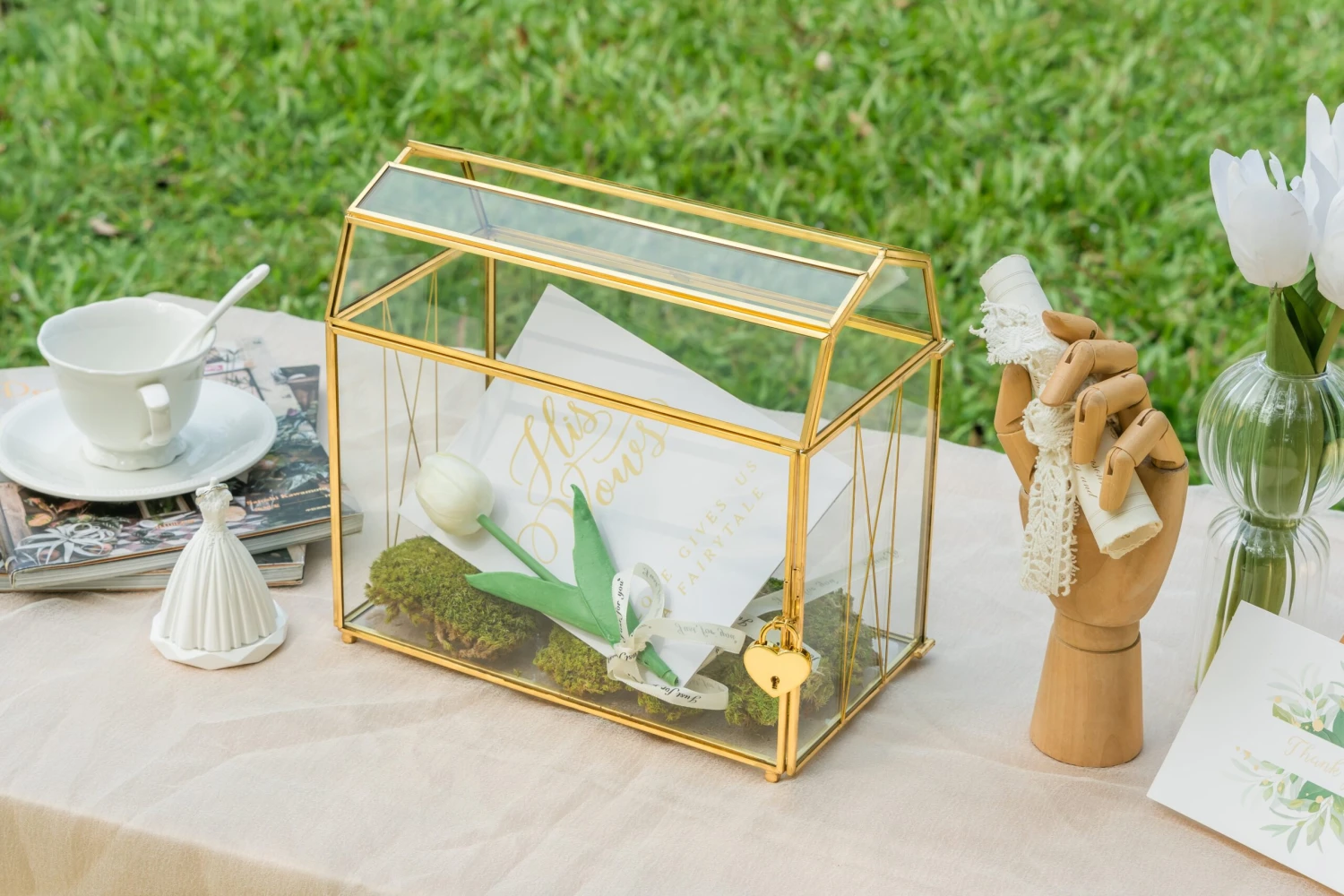 Nostalgic Cottage Barn Shape Gold Geometric Brass And Glass Card Box Terrarium With Slot, Heart Lock, Foot, Handmade For Wedding Reception 10 Nostalgic Cottage Barn Shape Gold Geometric Brass And Glass Card Box Terrarium With Slot, Heart Lock, Foot, Handmade For Wedding Reception - Image 10