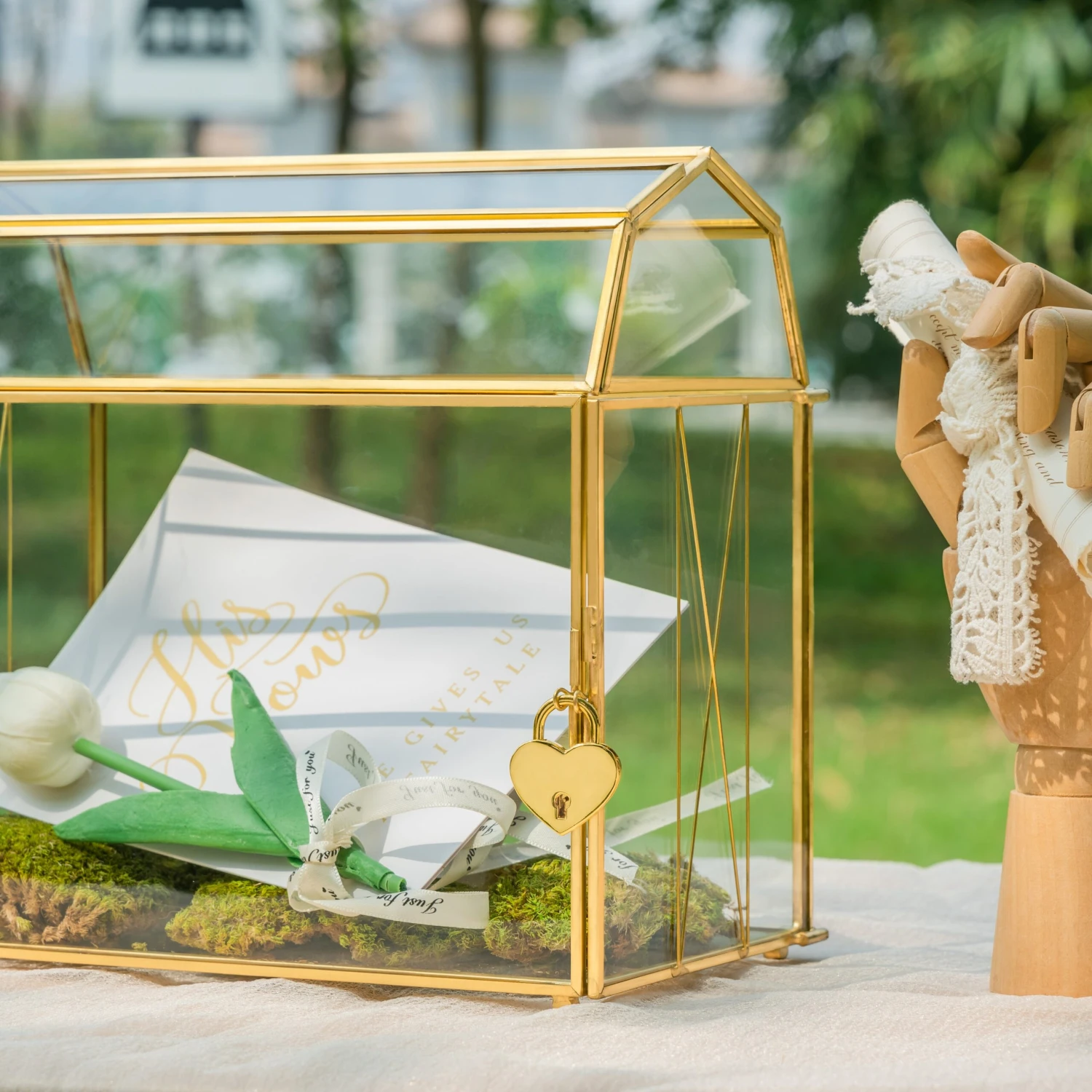 Nostalgic Cottage Barn Shape Gold Geometric Brass And Glass Card Box Terrarium With Slot, Heart Lock, Foot, Handmade For Wedding Reception 11 Nostalgic Cottage Barn Shape Gold Geometric Brass And Glass Card Box Terrarium With Slot, Heart Lock, Foot, Handmade For Wedding Reception - Image 11