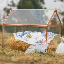 Geometric Glass Card Box Terrarium, Rose Gold, Pink House Shape Handmade, Pure Copper,for Wedding Reception, Wishwell, Keepsake Centerpiece -Ncyp Garden Sale Shop 290A8600