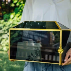 Handmade Black And Gold Large Geometric Glass Donation Box Terrarium With Slot And Lock -Ncyp Garden Sale Shop 290A9034