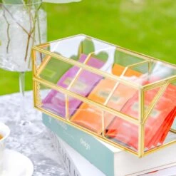 Glass Gold Tea Bag Box, 3 Compartments And Lid Storage Box, Tea Lovers Gift Box, Tea Organizer, Christmas Gift