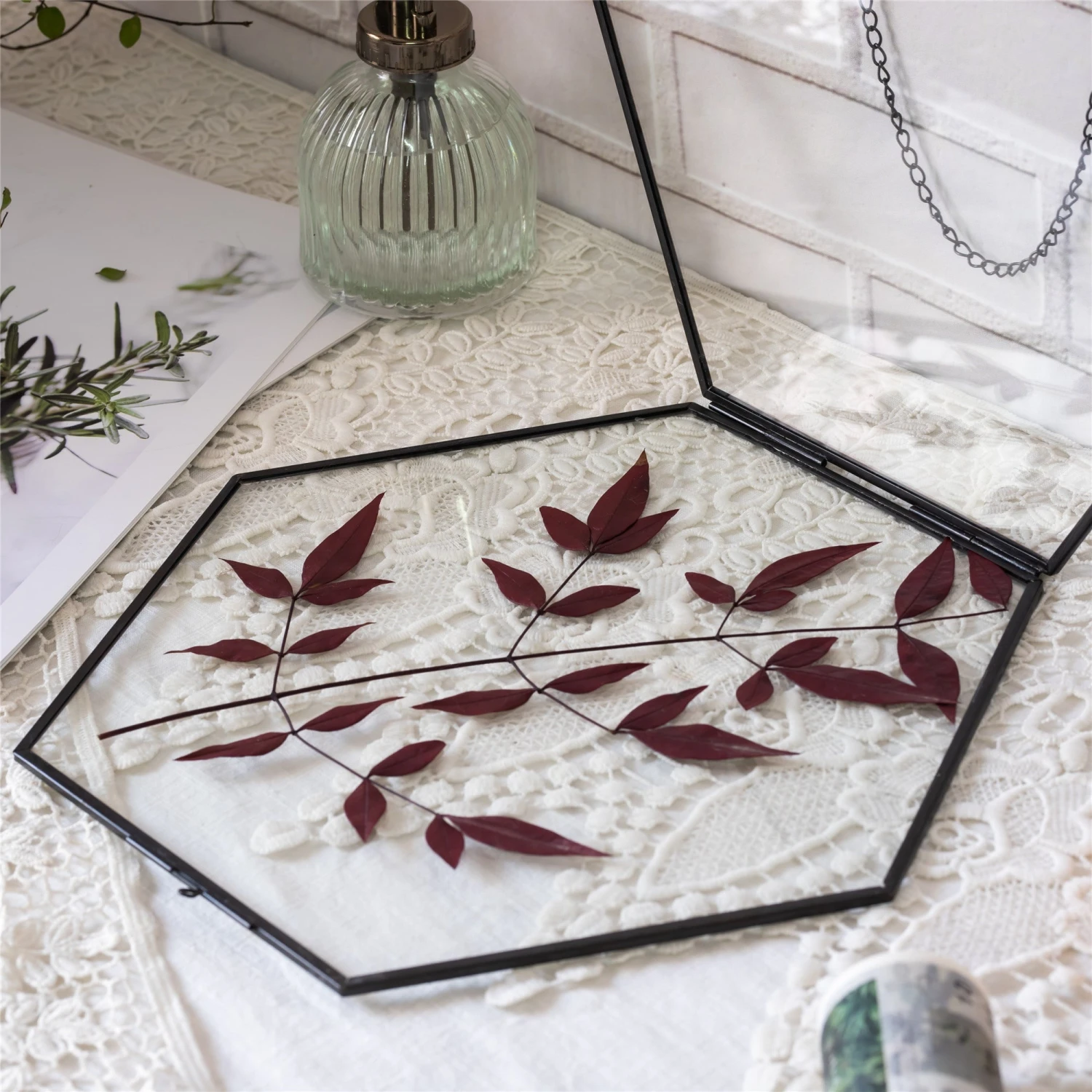 Hanging Black Hexagon Herbarium Brass Glass Frame For Pressed Flowers Dried Flowers Floating Frame 6 Hanging Black Hexagon Herbarium Brass Glass Frame For Pressed Flowers Dried Flowers Floating Frame - Image 6