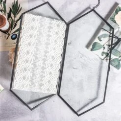 NCYP Vintage Black Brass Floating Hanging Glass Long Hexagon Photo Frame For Fern, Pressed Flower -Ncyp Garden Sale Shop 8918