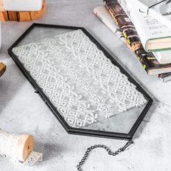NCYP Vintage Black Brass Floating Hanging Glass Long Hexagon Photo Frame For Fern, Pressed Flower -Ncyp Garden Sale Shop 9016