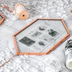 NCYP Vintage Rose Gold Copper Floating Hanging Glass Long Hexagon Frame For Fern, Pressed Flower -Ncyp Garden Sale Shop 9024