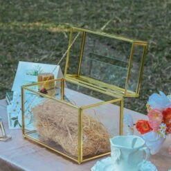 NCYP Wedding Card Box With Slot And Lock - 9.8x5.6x7.7 Inches - Gold Glass Envelope Box With Lid For Birthday Party Reception - Vintage Rectangular Centerpiece Decoration Handmade (Glass Box Only) -Ncyp Garden Sale Shop G01A1387