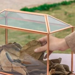US Rose Gold Pink Pure Copper Standard Large Geometric Glass Card Box Terrarium With Slot, Lock, Handmade For Wedding Reception Wishwell -Ncyp Garden Sale Shop G01A1667